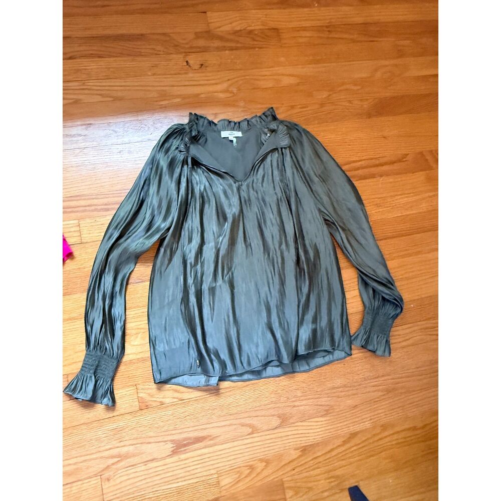 Entro Satin Blouse Small Olive Green Ruffle Neck Long Sleeve Romantic Top